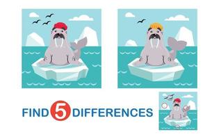 Find Differences. Walrus On Ice. Educational Mini Games For Children, Learning vector