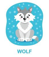 Educational Card With A Wolf, And A Caption On A Blue Background With Snowflakes. An Image Of A Wild Beast Of The Arctic In A Cartoon Cute Style For Children. Drawn, Cute Animals For Kids vector