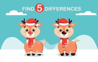 Cute Christmas Deer In The Background. Find 5 Differences. Educational Game For Young Children, Preschoolers. Development Of Attention, Memory, Learning. Cute Arctic Animal. Educational Game. vector