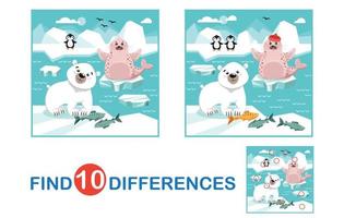 encontrar diferencias. juego para niños. Juego para el desarrollo de la memoria y la atención. colección de invierno. animales árticos. oso polar, morsa, pingüinos en la Antártida, en el polo sur. vector