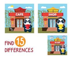 Mini Game For Children. Find 15 Differences In Pictures For Kids. Junior School Age. Cute Panda Near The Japanese, Chinese Cafe, Buys Noodles. Activity Book, Entertainment, Learning vector