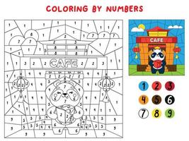 mini juego para niños. colorea la imagen por números. lindo panda cerca del café asiático. libro para colorear para niños. edad escolar primaria, educación, entretenimiento para niños. programa educativo vector