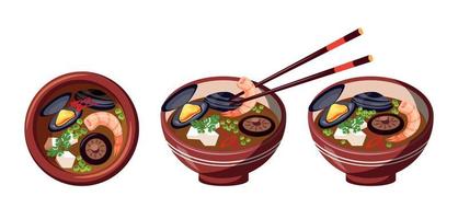 Asian Cuisine Soup With Mussels, Shiitake Mushrooms And Shrimps. Traditional Seafood Dish. 3 Plates Of Food, Close-up vector