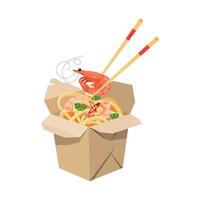 Entrega de comida al estilo oriental, caja de cartón con fideos udon y mariscos de diferentes lados. camarones y palillos. comida para llevar. elementos listos para su diseño, objeto aislado vector