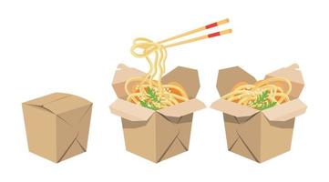 Entrega de comida al estilo oriental, caja de cartón con fideos udon de diferentes lados. camarones y palillos. comida para llevar. elementos listos para su diseño. 3 cajas, objeto aislado vector