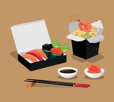 comida asiática, entrega de comida al estilo oriental, cajas de fideos y cajas de sushi, palillos. comida para llevar. juego de cajas y platos. elementos listos para su diseño. fondo blanco, objeto aislado vector