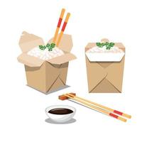 Food In Oriental Style, Delivery. Cardboard Boxes With Rice From Different Sides And Soy Sauce, Chopsticks. Design Elements, Images For Menus, Posters. White Background, Isolated Object vector