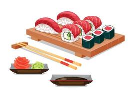 comida asiática. un juego de sushi en un plato de madera tradicional y un juego de palillos. sushi, rollos, nigiri, salsa, wasabi. fondo blanco, objeto aislado. concepto de menú y afiche, pancarta vector