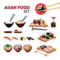 Large Set Of Images In Oriental Style. Sushi, Miso Soup And Ramen Soup, Udon Noodles With Seafood, Sashimi And Sauces. Elements For The Design Of Menus And Posters. White Background, Isolated Object vector