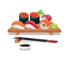 comida asiática. un juego de sushi en un plato de madera tradicional y un juego de palillos. sushi, rolls, nigiri, goukans, salsa, wasabi. fondo blanco, objeto aislado. concepto de menú y afiche, pancarta vector