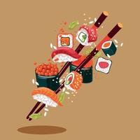 comida asiática. levitación de la comida japonesa. comida tradicional asiática. sushi volador y palos. fondo negro. concepto de diseño para menú, póster. sushi, rollos con salmón, camarones, atún. comida popular vector