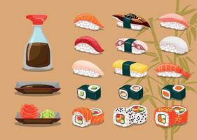 gran set con diferentes tipos de sushi, rollos, nigiri, salsa. fondo marrón vector