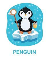 dibujos animados, pingüino lindo, sobre témpano de hielo, fondo azul. tarjetas para aprender niños vector