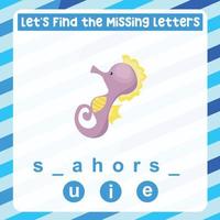 Missing letter worksheet. Complete the letters for sea animal name in English. Kids educational game. Printable worksheet for preschool. Writing practice. Vector file.