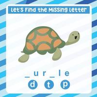 Missing letter worksheet. Complete the letters for sea animal name in English. Kids educational game. Printable worksheet for preschool. Writing practice. Vector file.