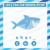 Missing letter worksheet. Complete the letters for sea animal name in English. Kids educational game. Printable worksheet for preschool. Writing practice. Vector file.