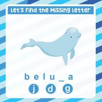 Missing letter worksheet. Complete the letters for sea animal name in English. Kids educational game. Printable worksheet for preschool. Writing practice. Vector file.
