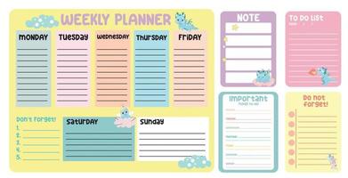 Cute weekly planner background for kids with mythology animals. Beautiful note template. Cute dragons and unicorns design for children. Vector template for agenda, planners, notes, timetable