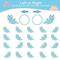 Mathematic activity page. Calculate and write the result. Left or Right worksheet for Children. Educational printable math. Vector file.