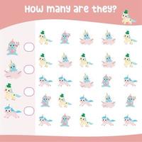 Mathematic activity page with cute unicorn. Calculate and write the result. How many worksheet. Educational printable math for children. Vector file.