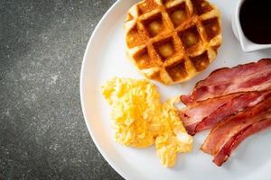 scrambled egg with bacon and waffle photo