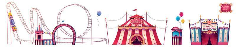 Carnival funfair with roller coaster, circus tent vector