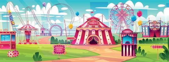 Amusement park, carnival, funfair with circus tent