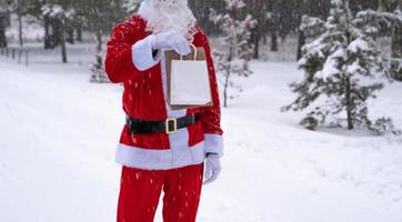 Santa Claus outdoor in winter and snow handing in hand paper bags with craft gift, food delivery. Shopping, packaging recycling, handmade, delivery for Christmas and New year photo