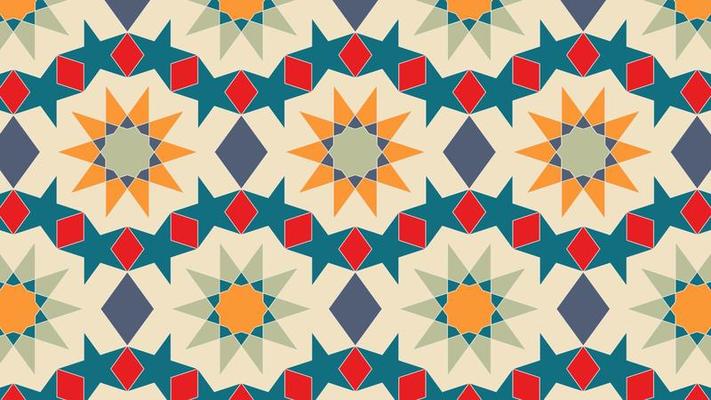 Arabic seamless pattern in multicolored palette. Oriental decor. Arabic Muslim ethnic style. Ramadan wallpaper design. Vector illustration.