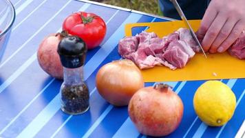 Men slicing meat for Barbeque video