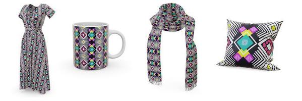Examples of pattern design seamless are dresses, scarves, mugs and pillows. photo