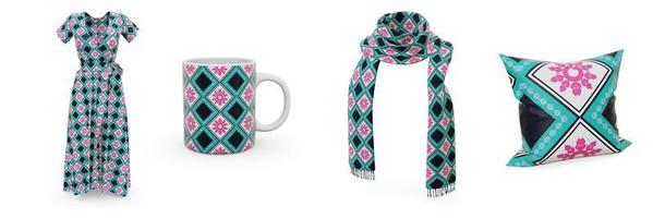 ejemplos de diseño de patrones sin costuras son vestidos, bufandas, tazas y almohadas. foto