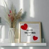 Letter board with text happy valentines Day and vase with dry flowers on white shelf in room at home photo