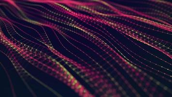 Dna from a moving wave and particles. Abstract dark background. The science of medicine. Biotechnology. The concept of an infected gene cell. Red and yellow dots connected by lines. 3d rendering photo