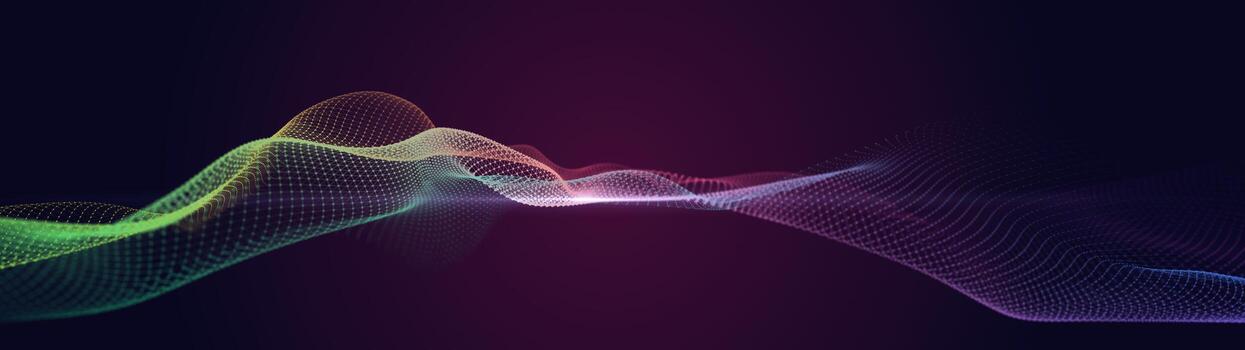 Futuristic musical luminous wave. The concept of big data. Network connection. Cybernetics. Abstract dark background of colored lines with dots. 3d rendering. photo