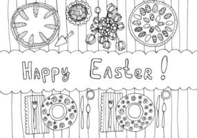 Easter dinner table coloring page. Coloring book with Easter lunch view above. Coloring for children and adults. vector