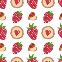 Strawberry and cookie. Doodle strawberry in chocolate and heart cookie background. Vector seamless pattern.