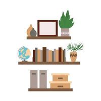 Interior shelf flat style illustration. Vector bookshelf with globe, plant, books, folder, box, vase.