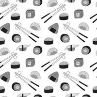 Vector sushi and rolls with fish seamless pattern. Hand drawn sushi and sashimi print on white background