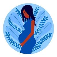 Pregnant black woman flat illustration. Pregnancy illustration in cobalt pastel colors. Pregnant woman holds her belly. vector