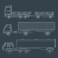 Set of drawn trucks with a trailer side view. Linear drawing with detailed details. Vector illustration