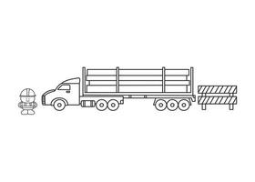 Hand drawn color children of construction loading truck and construction worker vector