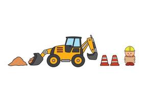 vector illustration Hand drawn color children construction backhoe and construction worker holding a map