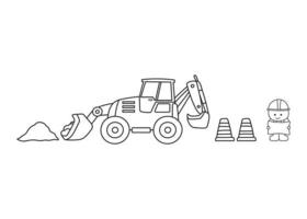 Hand drawn color children construction backhoe and construction worker holding a map vector