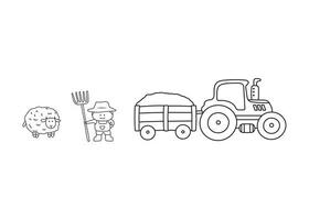 Hand drawn color children Tractor hay carrier with farmer and sheep vector