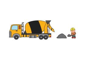 vector illustration Hand drawn color children construction concrete mixer truck and construction worker