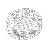 Vector Plah Plow fish sketch top view. Hand drawn national Thai dish on plate