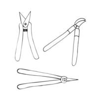 Garden shears doodle illustration set. Secateurs vector outline illustration. Garden tools isolated on white background.