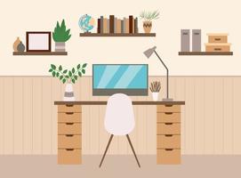 espacio de trabajo moderno en la habitación con mesa de ordenador, silla, lámpara y estanterías. ilustración vectorial plana. diseño de interiores de sala de estudio. vector