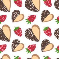 Strawberry and cookie. Doodle strawberry in chocolate and heart cookie background. Vector seamless pattern.